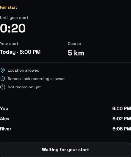Catchfire Start readiness with personal start time, location permissions and runner start times.